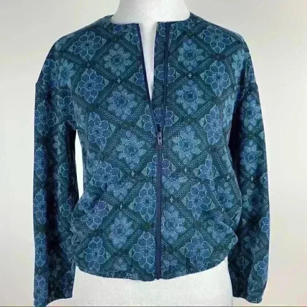 New Lularoe Girls Monroe Jacket sz 14 Blue Green Floral Flowers Zipper Pockets